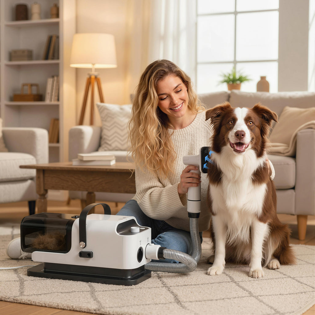 5 in 1 Dog Grooming Vacuum & Dryer w/ Clipper, 50dB Low Noise, Adjustable Speed & Temp, 1.8L Canister